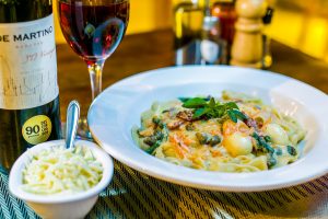 shrimp pasta and wine