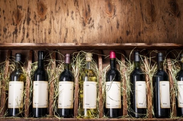 wine bottles in a shelf