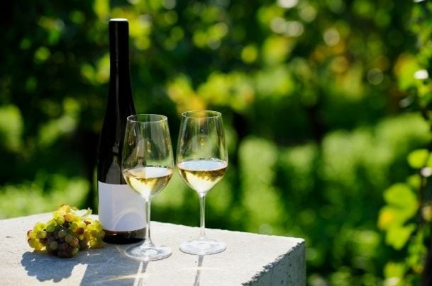 bottle of Riesling and two wine glass in nature